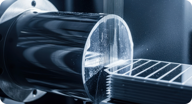 Silicon ingot being sliced into wafers