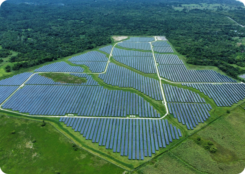 Solar and battery storage facility at sunset